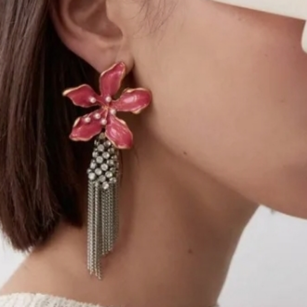 ZARA Enamel faux crystal flower chandelier earrings NEW
